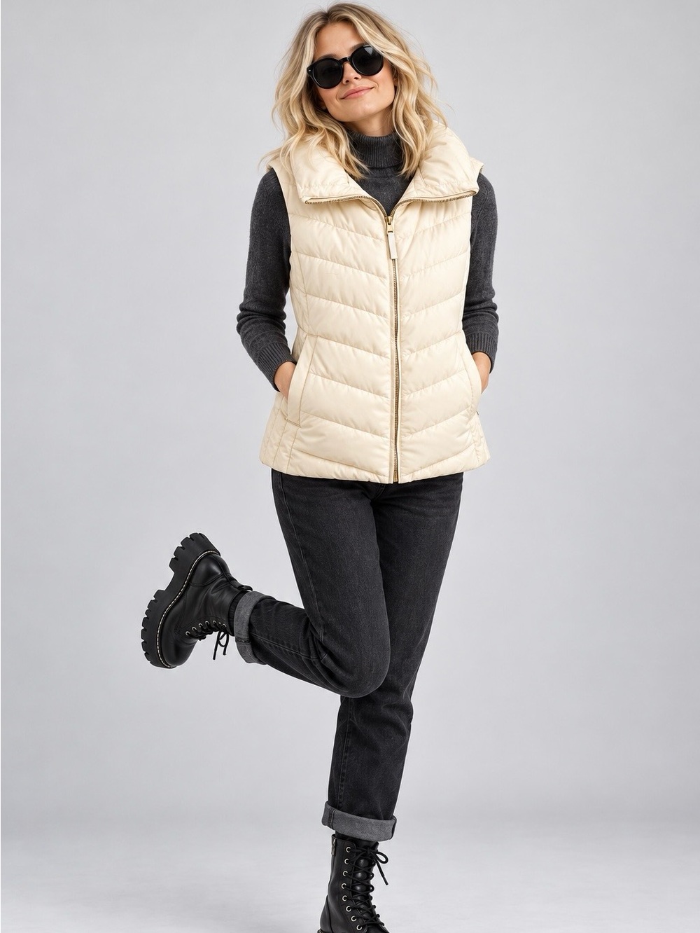 Talbots Cream Quilted Puffer Vest - Sleeveless Zip Front
